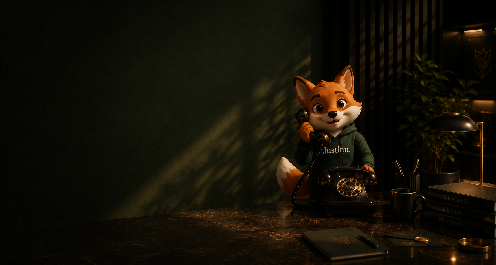 Justy, de mascotte van Justinn, neemt contact op via een klassieke telefoon in een warme studio met boeken over strategy, design en branding