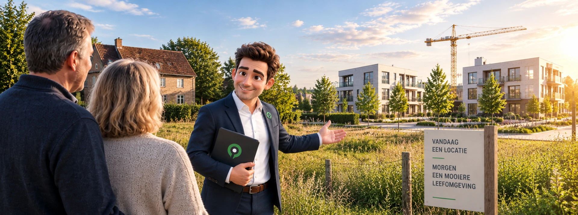 Ontwikkelpunt: eigenaars in gesprek met de Ontwikkelpunt-mascotte bij een ontwikkelingslocatie