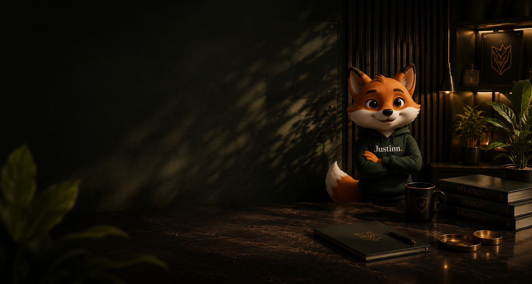 Justy, de mascotte van Justinn, in een warme partners-werkruimte met boeken over strategy, design en branding, planten en gouden licht